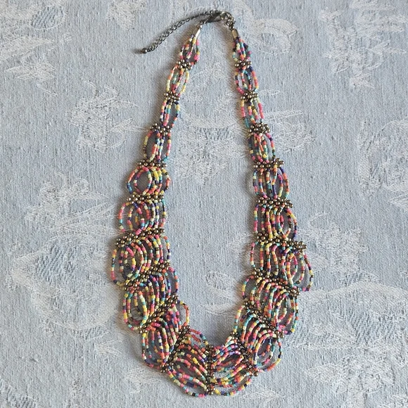 Rainbow Beaded Bib Necklace hand Beaded Artisan - Picture 3 of 7
